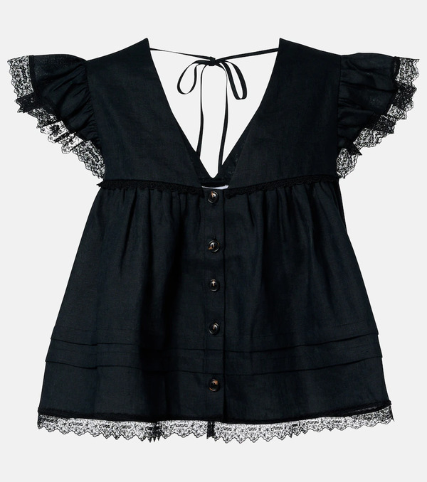  Ganni Ganni Lace-trimmed Linen Top 