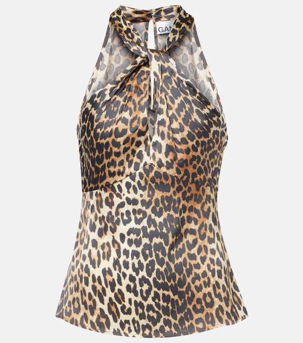  Ganni Ganni Leopard-print Halterneck Satin Top 