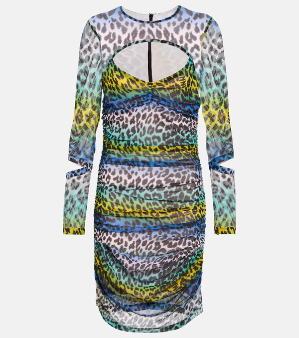  Ganni Ganni Leopard-print Mesh Cutout Minidress 
