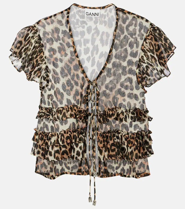  Ganni Ganni Leopard-print Ruffled Chiffon Blouse 