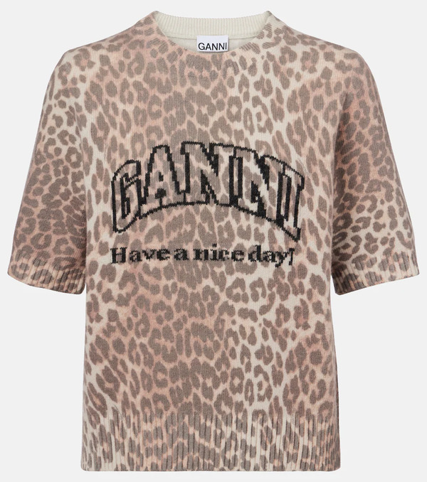  Ganni Ganni Logo Leopard-print Wool-blend Top 