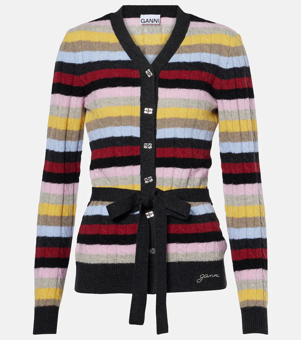  Ganni Ganni Striped Cable-knit Wool-blend Cardigan 