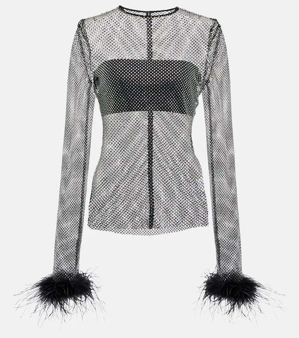  Giuseppe Di Morabito Giuseppe Di Morabito Embellished Feather-trimmed Net Top 