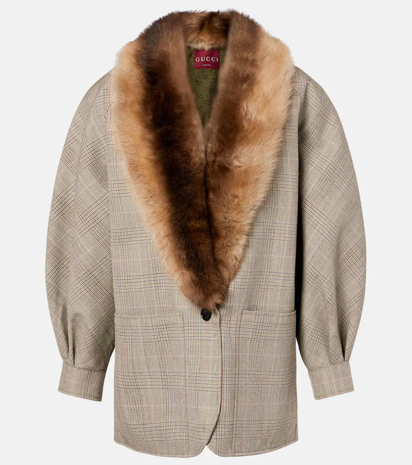  Gucci Gucci Checked Shearling-trimmed Wool Jacket 