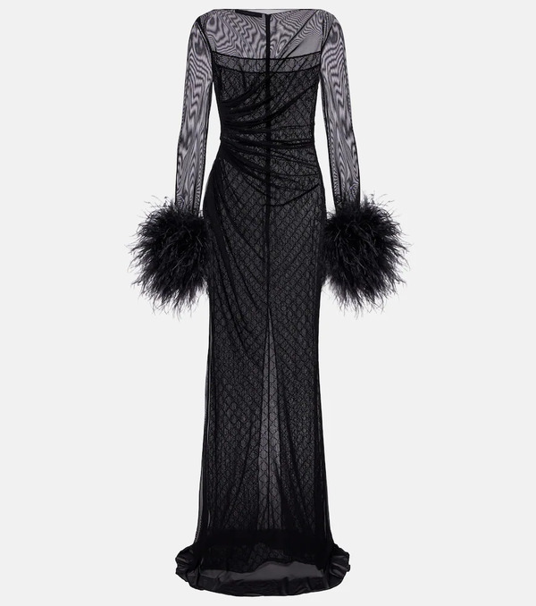  Gucci Gucci Gg Feather-trimmed Sheer Gown 