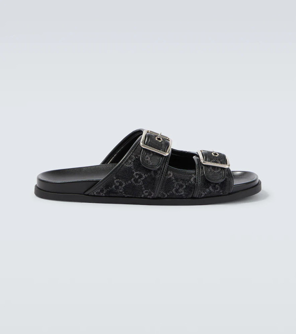  Gucci Gucci Gg Leather-trimmed Canvas Slides 