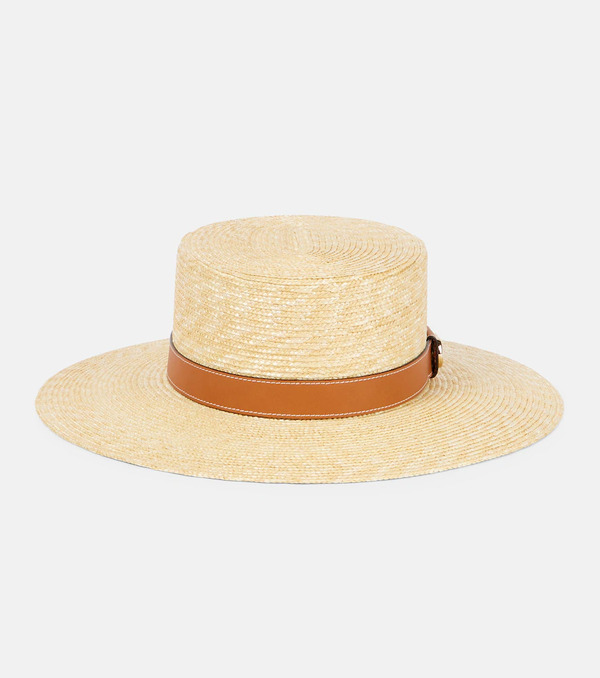  Gucci Gucci Gg Leather-trimmed Straw Boater Hat 