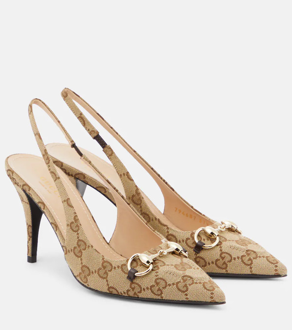  Gucci Gucci Horsebit Gg Canvas Slingback Pumps 