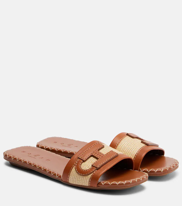  Hogan Hogan Leather-trimmed Raffia Slides 