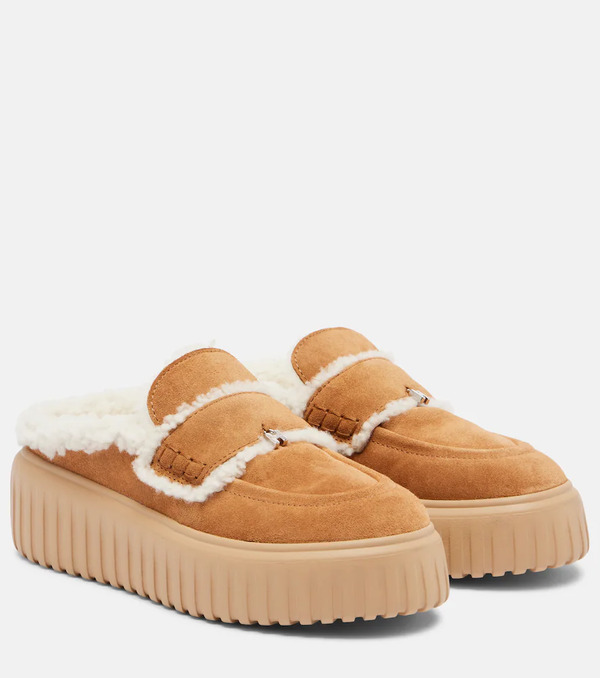  Hogan Hogan Shearling-trimmed Suede Slippers 