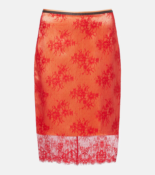  Jacques Wei Jacques Wei Embroidered Leather-trimmed Lace Midi Skirt 