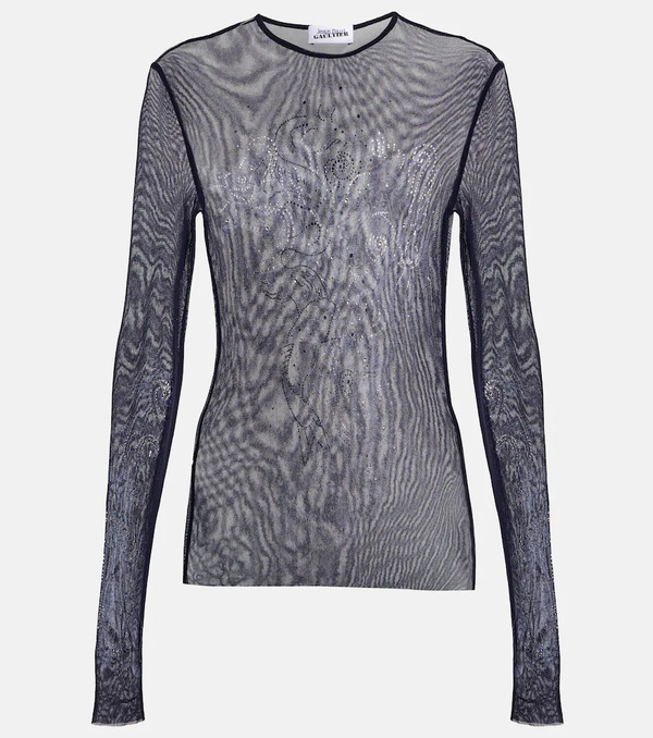  Jean Paul Gaultier Jean Paul Gaultier Crystal-embellished Printed Mesh Top 