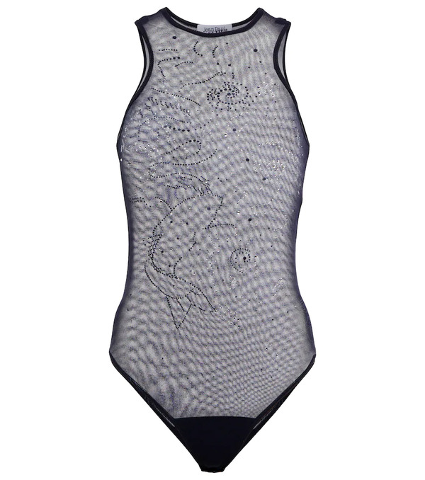  Jean Paul Gaultier Jean Paul Gaultier Embellished Printed Mesh Bodysuit 