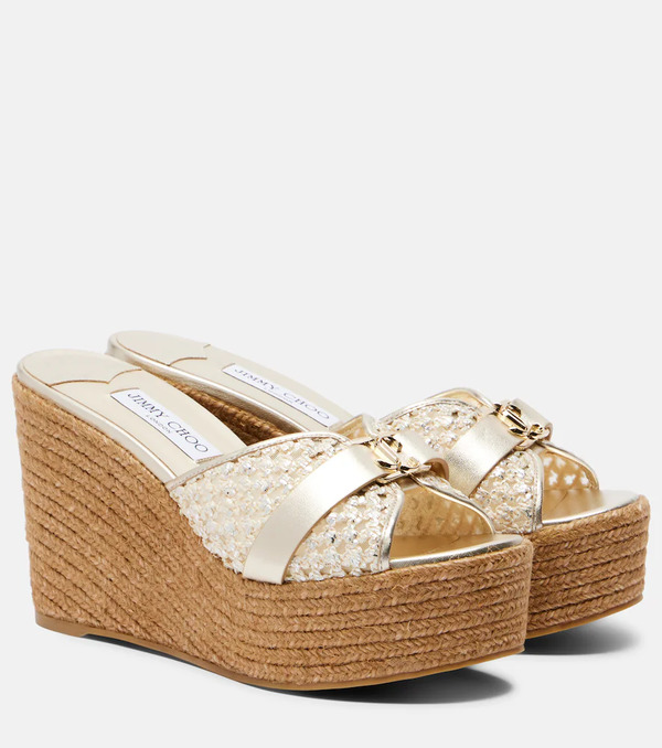  Jimmy Choo Jimmy Choo Leda Raffia-trimmed Leather Wedge Espadrilles 