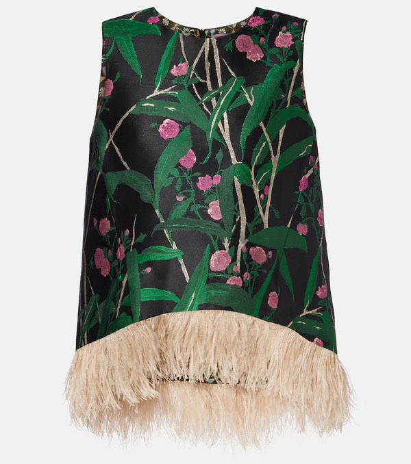 La Doublej La Doublej La Scala Feather-trimmed Jacquard Top 