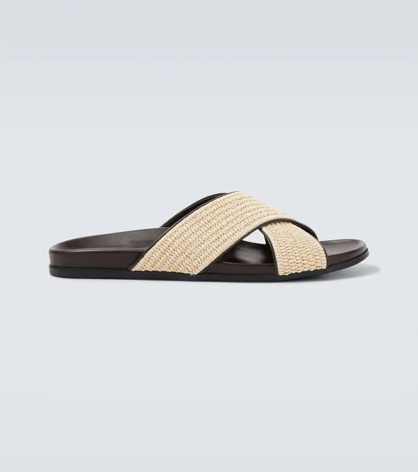  Manolo Blahnik Manolo Blahnik Chiltern Leather-trimmed Raffia Slides 