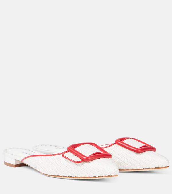  Manolo Blahnik Manolo Blahnik Maysale Leather-trimmed Raffia Mules 