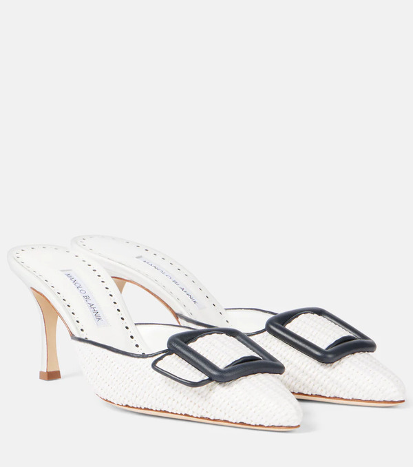  Manolo Blahnik Manolo Blahnik Maysale 70 Leather-trimmed Raffia Mules 