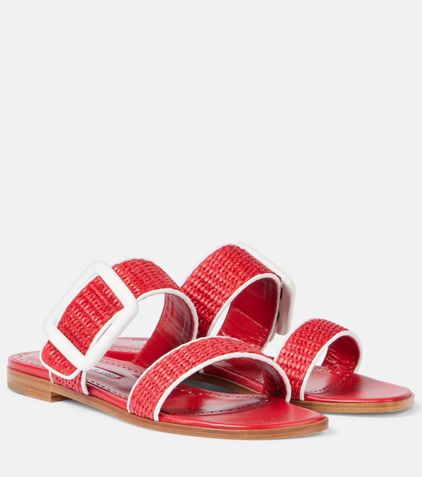  Manolo Blahnik Manolo Blahnik Tituba Leather-trimmed Raffia Sandals 