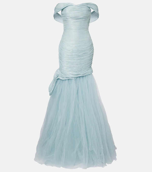  Marmar Halim Marmar Halim Pleated Off-shoulder Bustier Gown 