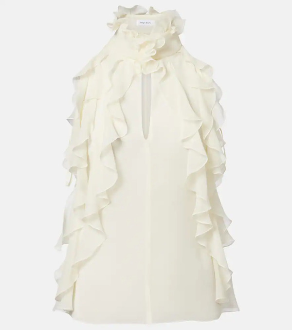 Mcqueen Mcqueen Ruffled Cutout Silk Georgette Top 