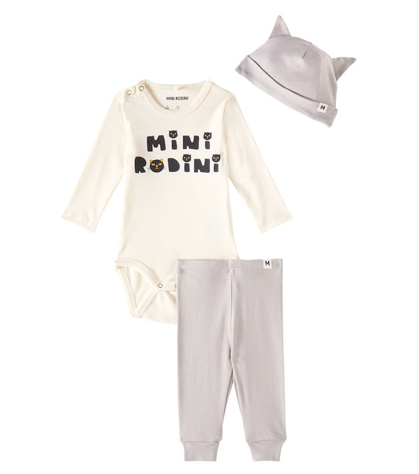  Mini Rodini Mini Rodini Baby Mini Rodini Cats Bodysuit, Beanie, And Sweatpants Set 