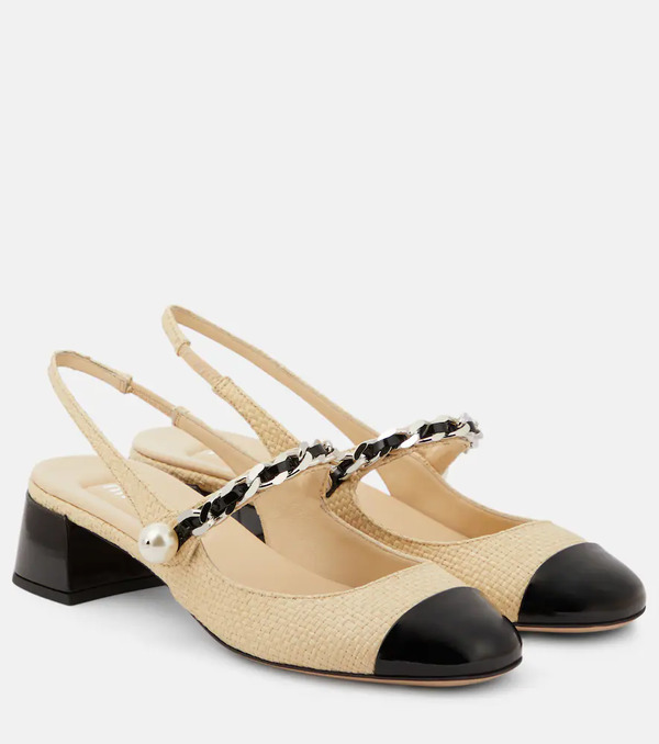  Miu Miu Miu Miu Leather-trimmed Raffia Slingback Pumps 
