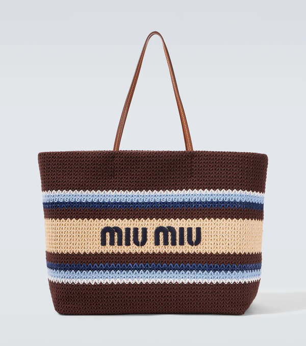 Miu Miu Miu Miu Logo Striped Raffia-effect Shopper 