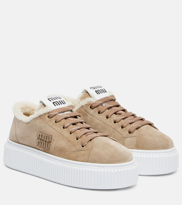  Miu Miu Miu Miu Shearling-lined Suede Platform Sneakers 