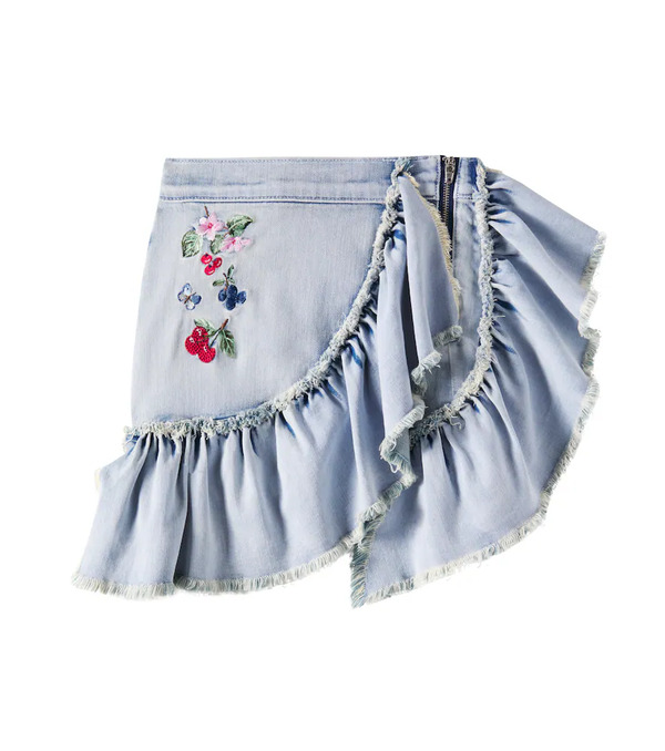  Monnalisa Monnalisa Distressed Patch-applique Ruffled Denim Skirt 