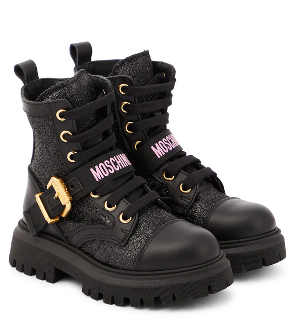  Moschino Kids Moschino Kids Logo Leather-trimmed Combat Boots 