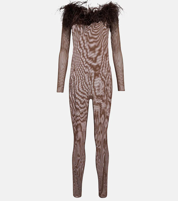  Oseree Oseree Feather-trimmed Mesh Jumpsuit 