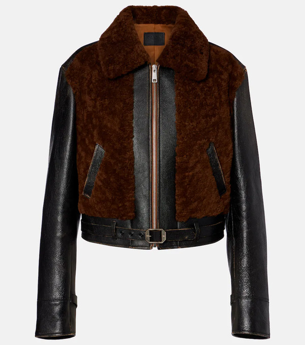  Prada Prada Belted Shearling-trimmed Leather Jacket 