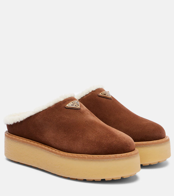  Prada Prada Evolve Shearling-trimmed Suede Platform Mules 