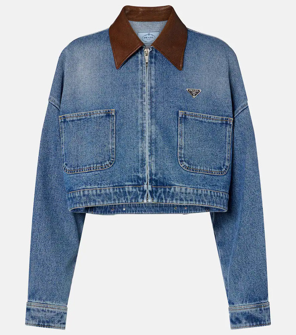  Prada Prada Leather-trimmed Cropped Denim Jacket 