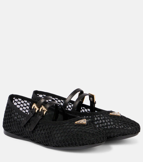 Prada Prada Logo Leather-trimmed Mesh Ballet Flats 