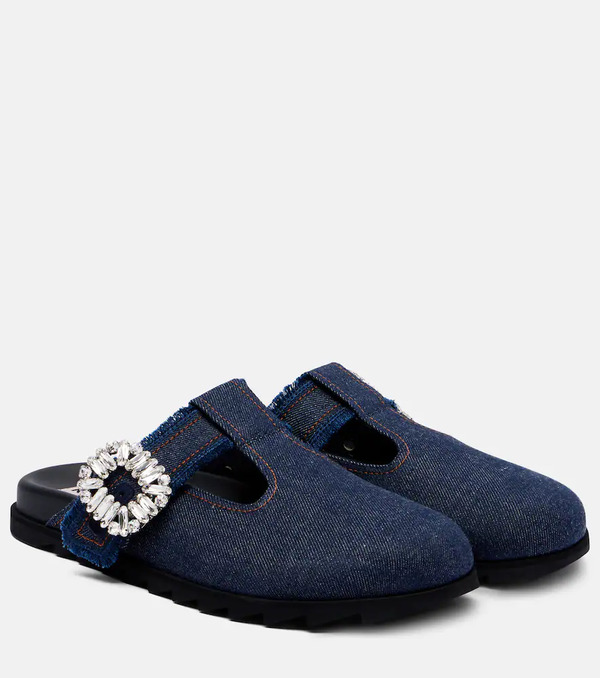  Roger Vivier Roger Vivier Slidy Viv' Embellished Denim Mules 