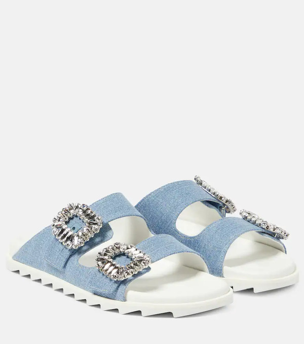  Roger Vivier Roger Vivier Slidy Viv' Embellished Denim Sandals 