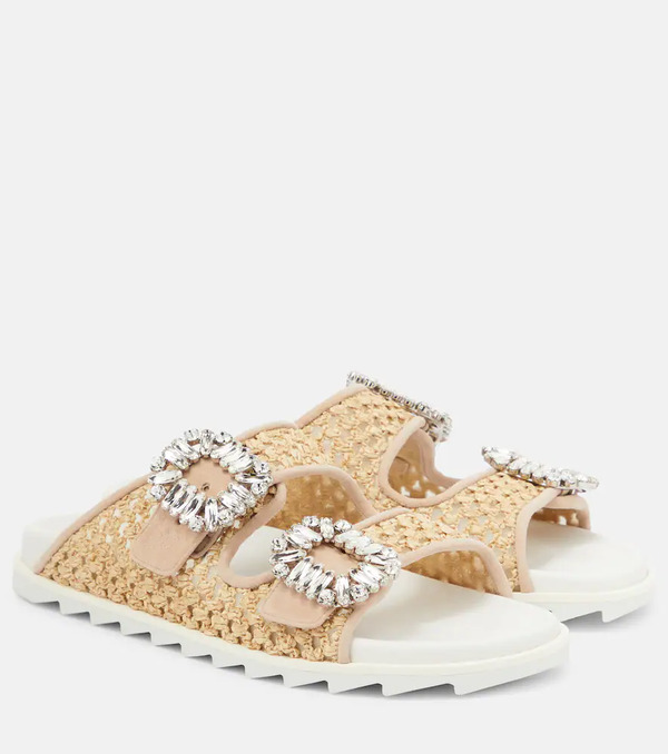  Roger Vivier Roger Vivier Slidy Viv' Embellished Raffia Sandals 