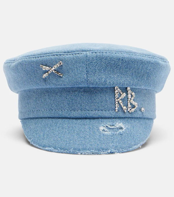  Ruslan Baginskiy Ruslan Baginskiy Embellished Distressed Denim Newsboy Hat 