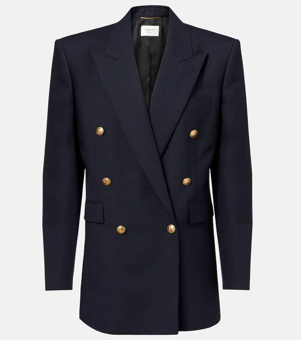  Saint Laurent Saint Laurent Double-breasted Wool Chine Blazer 