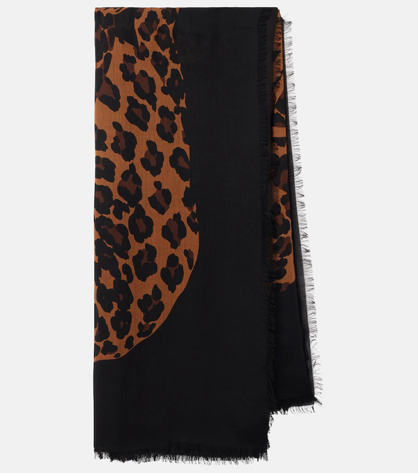  Saint Laurent Saint Laurent Fringed Leopard-print Wool Scarf 