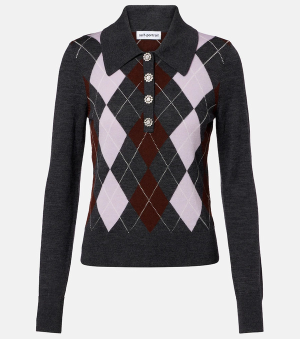  Self-portrait Self-portrait Argyle Wool Polo Sweater 