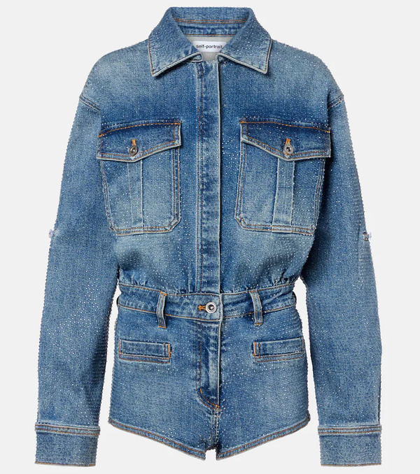  Self-portrait Self-portrait Embellished Denim Romper 