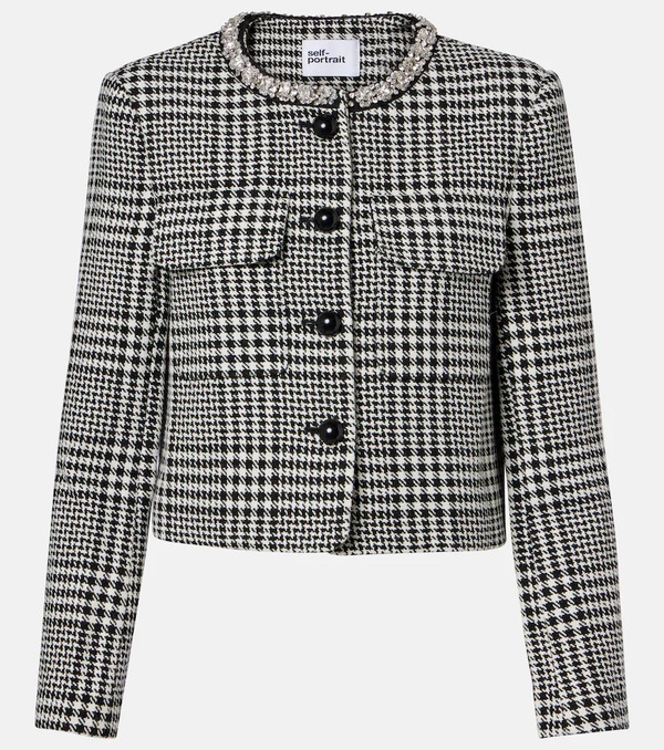  Self-portrait Self-portrait Embellished Houndstooth Cropped Jacket 