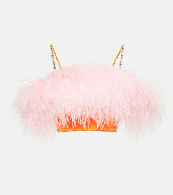  Self-portrait Self-portrait Feather-trimmed Satin Crop Top 