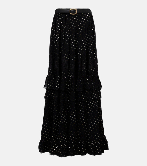  Self-portrait Self-portrait Lace-trimmed Polka-dot Chiffon Maxi Skirt 