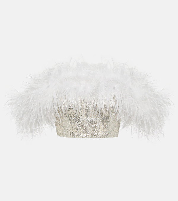  Self-portrait Self-portrait Sequined Feather-trimmed Crop Top 