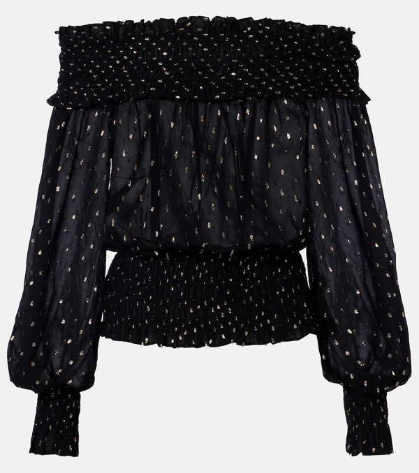  Self-portrait Self-portrait Shirred Metallic-effect Off-shoulder Top 