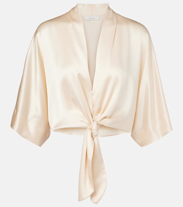  The Sei The Sei Cropped Silk Satin Wrap Blouse 